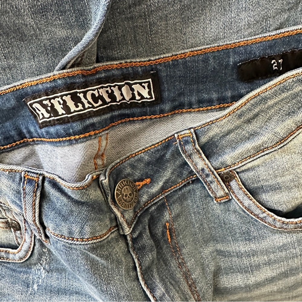 Affliction Blue Distressed Patchwork Low-Rise Ski… - image 7